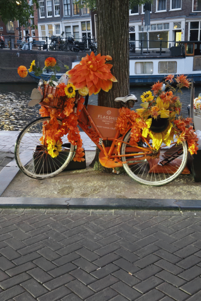 Decorated bicycle in Amsterdam with orange flowers, symbolizing fall colors and autumn travel in Europe.