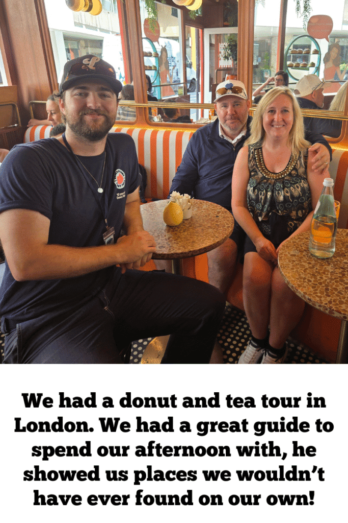 Travelers on a donut and tea tour in London with a private guide, an example of booking independent excursions.