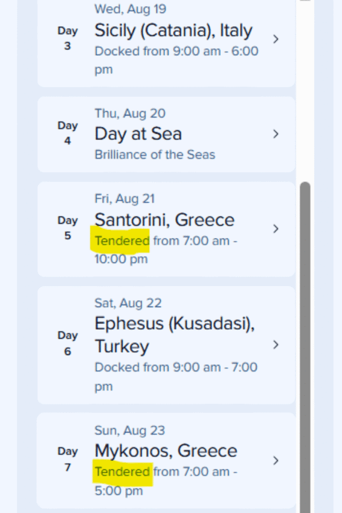 Cruise itinerary example highlighting tender ports such as Kusadasi (Ephesus) and Mykonos, where passengers use tender boats to reach shore.