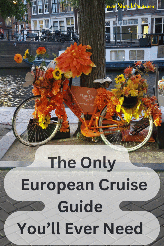 European Cruise Guide Pinterest Pin with Fall decorated bike in Amsterdam