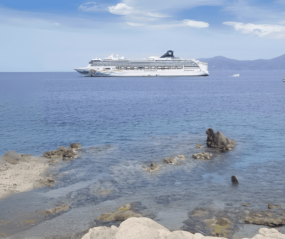 Cruise ship sailing the Mediterranean Sea on a sunny day: ready for embarkation.