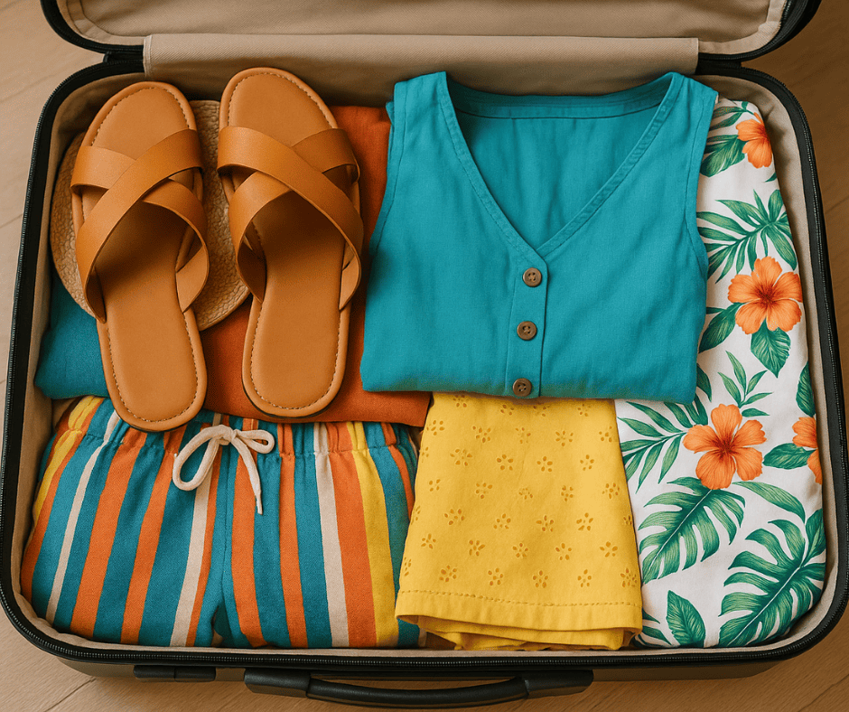 Open suitcase packed with cruise clothes including sandals, tropical shirt, and beachwear for a warm-weather cruise.”