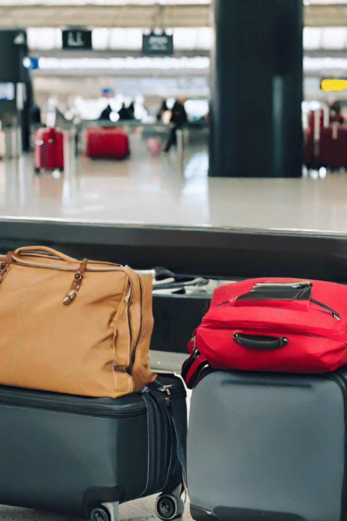 Suitcases at the airport terminal as part of cruise prep and pre-packing before flying to a cruise port.