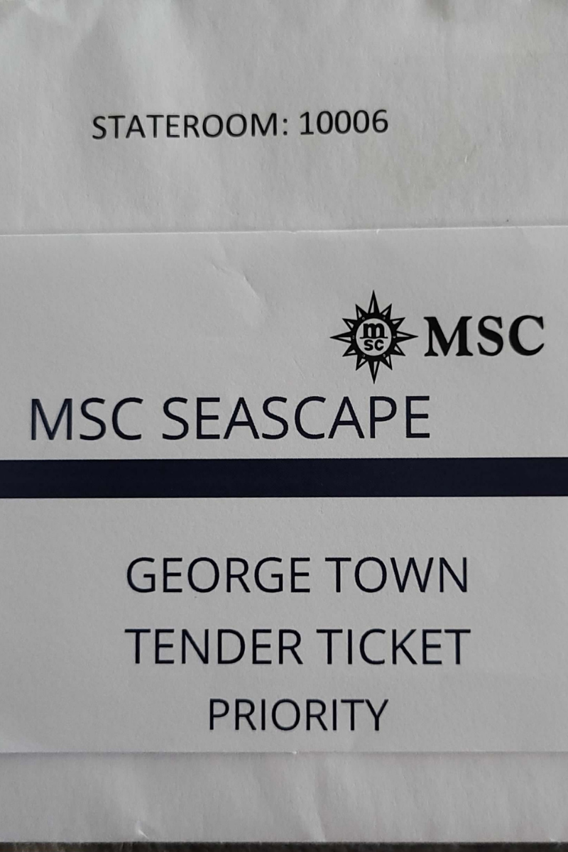 MSC Seascape tender boat ticket showing priority access for passengers taking the tender to shore.