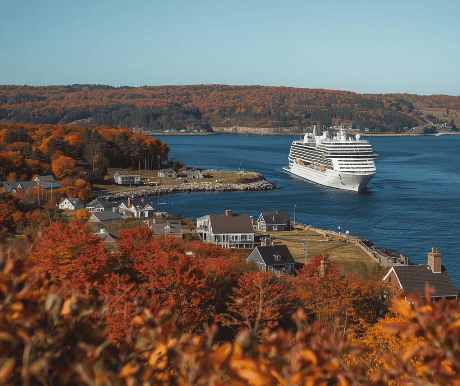 Cruise ship in a New England harbor surrounded by colorful fall foliage