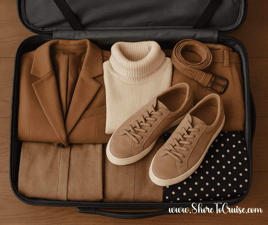 Neatly packed suitcase with neutral-toned clothing and shoes, showing a capsule wardrobe for a Northern Europe cruise.