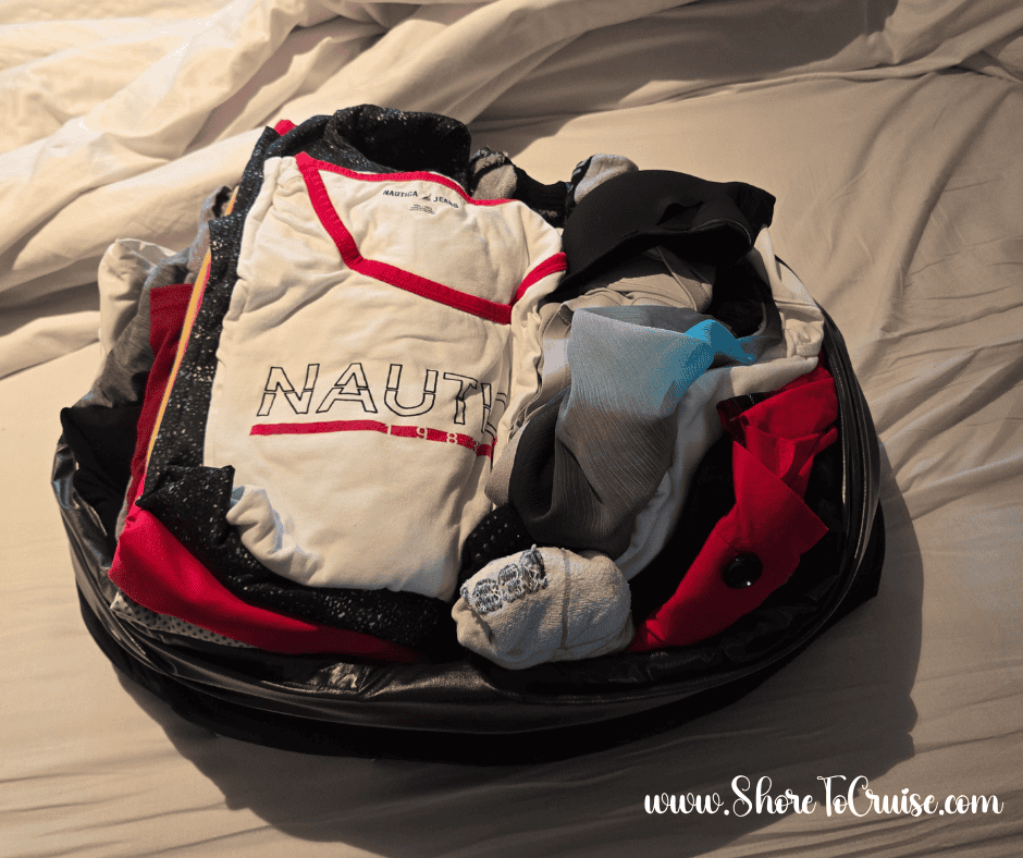 Laundry bag and cruise clothing ready for onboard washing – British Isles cruise packing tip