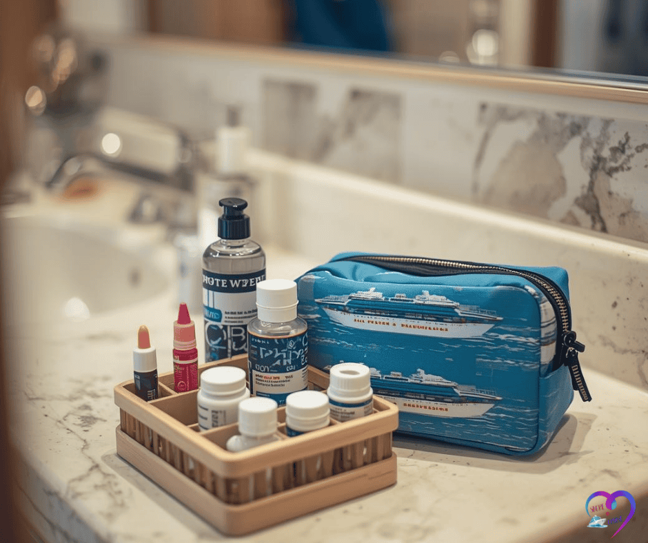 Neatly packed travel toiletries and medication essentials needed when packing for a European cruise.