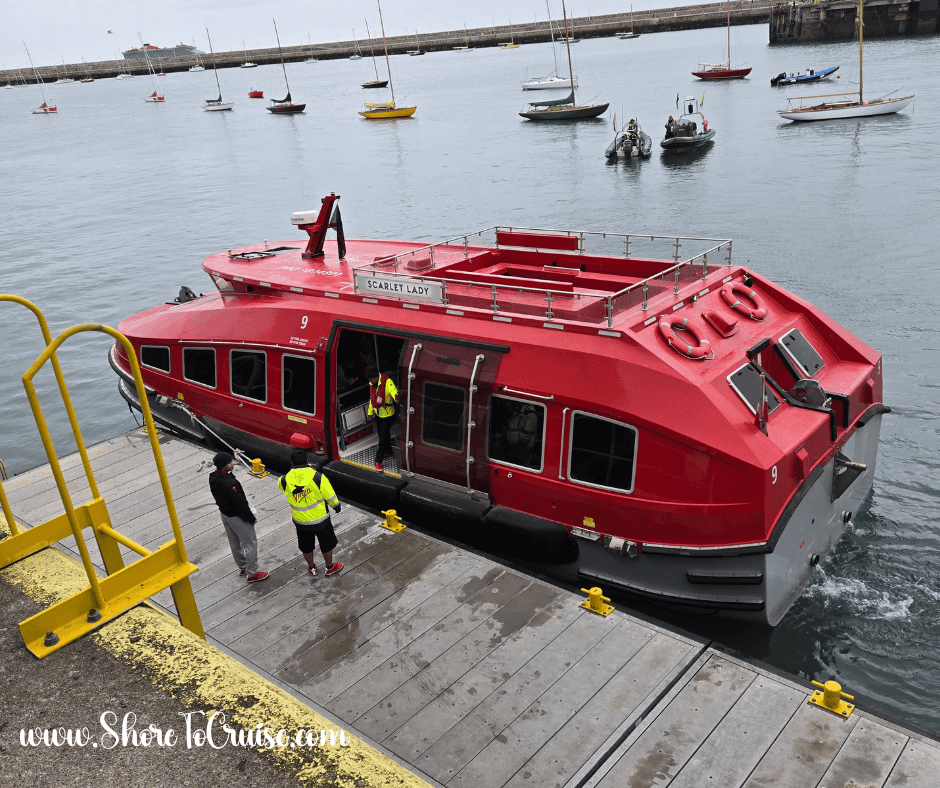 Tender boat in Dun Laoghaire-Dublin port – why to pack waterproof shoes and layers for British Isles cruise excursions.