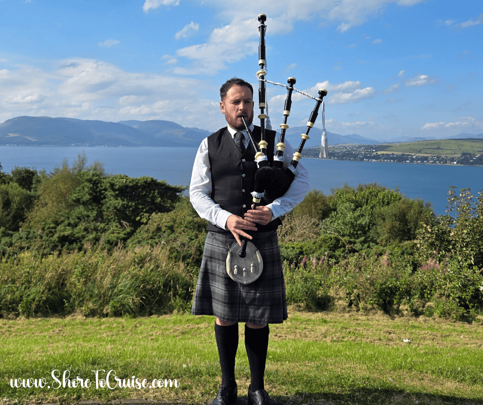 Scottish bagpiper near cruise port – Scottish culture on a British Isles cruise