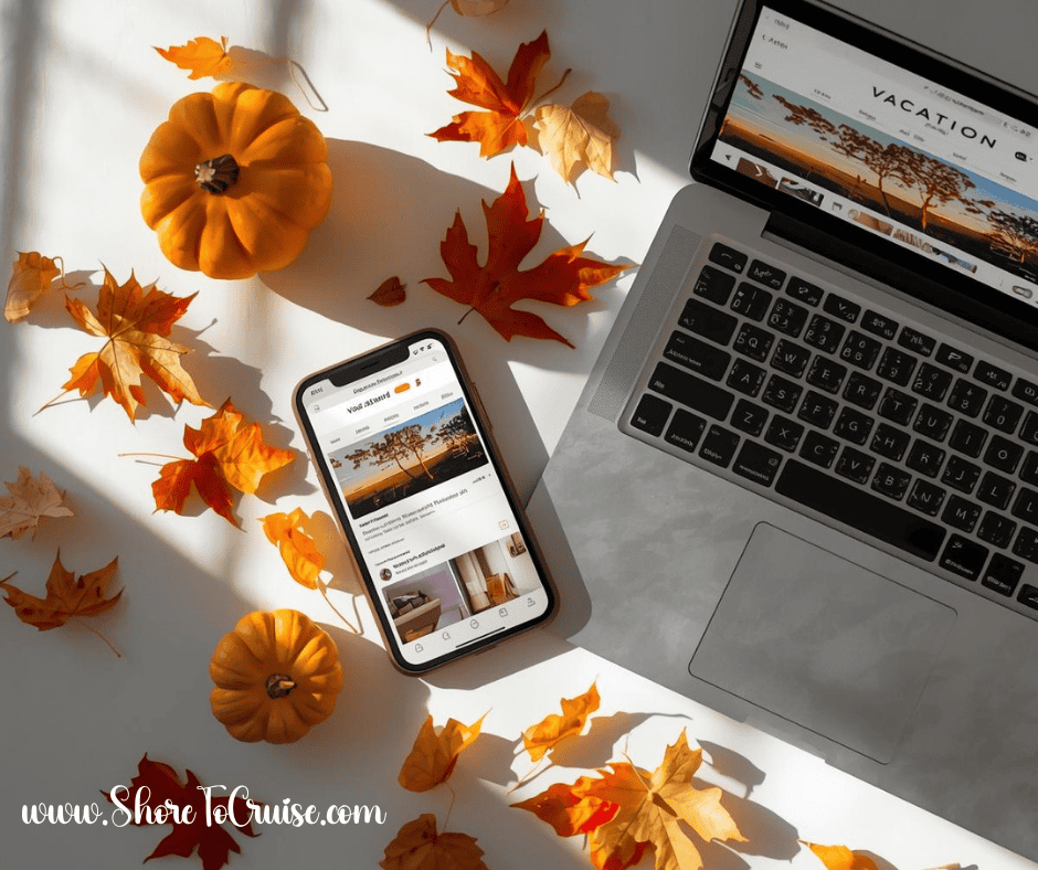 Flatlay of a smartphone and laptop with Black Friday Cruise Deals on a fall-themed desk with small pumpkins and autumn leaves
