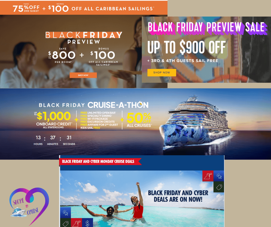 Collage of cruise line Black Friday deals showing various discount offers and promotions