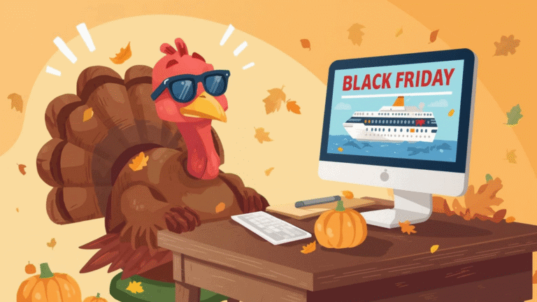 Cartoon turkey wearing sunglasses sitting at a desk using a computer with a Black Friday sale page on the screen and small pumpkins around it.