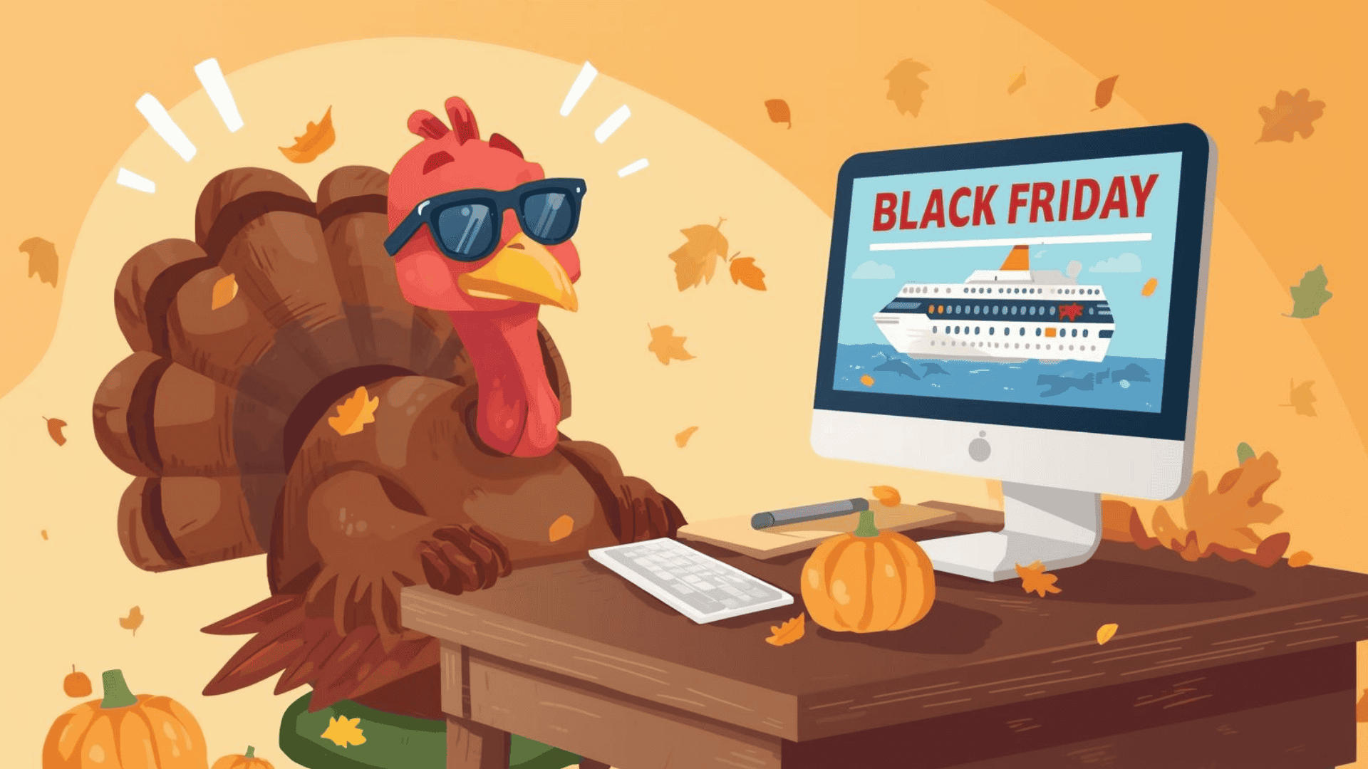 Cartoon turkey wearing sunglasses sitting at a desk using a computer with a Black Friday sale page on the screen and small pumpkins around it.
