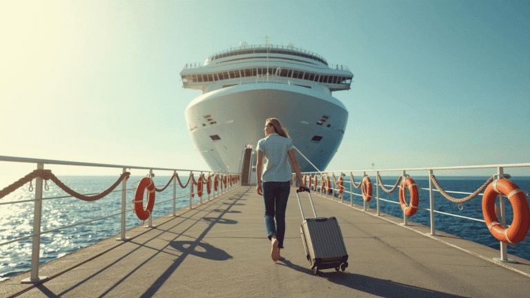Cruise passenger walking toward a cruise ship with suitcase, ready to set sail — representing being prepared with a cruise first aid kit