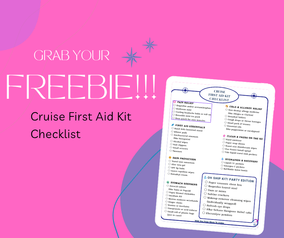 Cruise first aid kit checklist free printable mockup in pink with download button promoting the Oh Ship Kit travel checklist.
