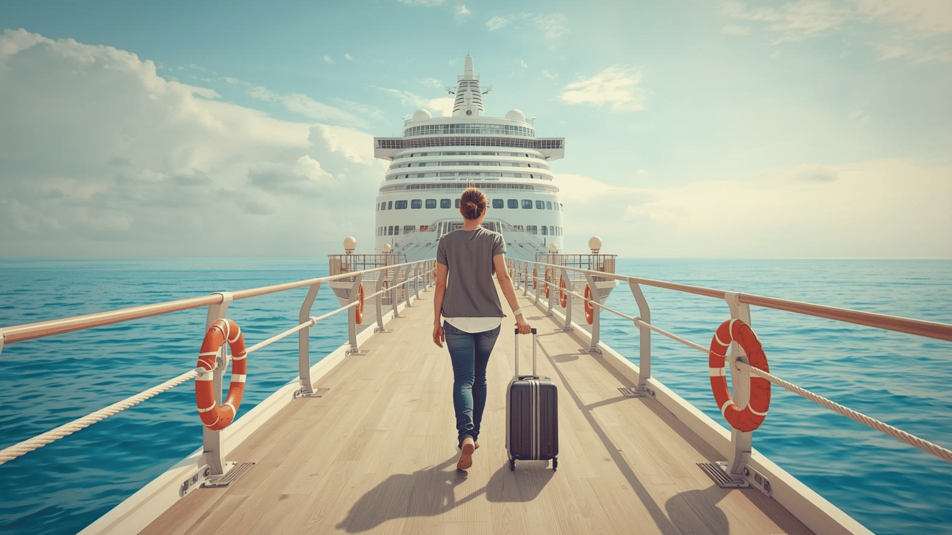 Cruise passenger walking toward a cruise ship on embarkation day, pulling a suitcase, ready to sail.