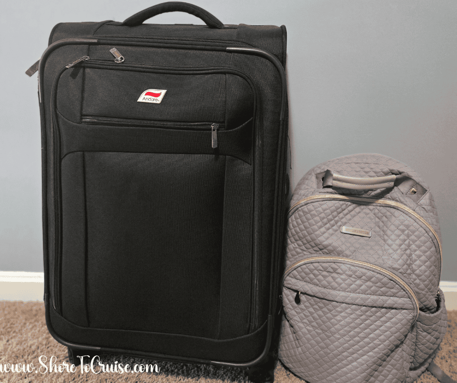 Carry-on luggage and backpack ready for cruise travel, showing where the first aid kit is packed.