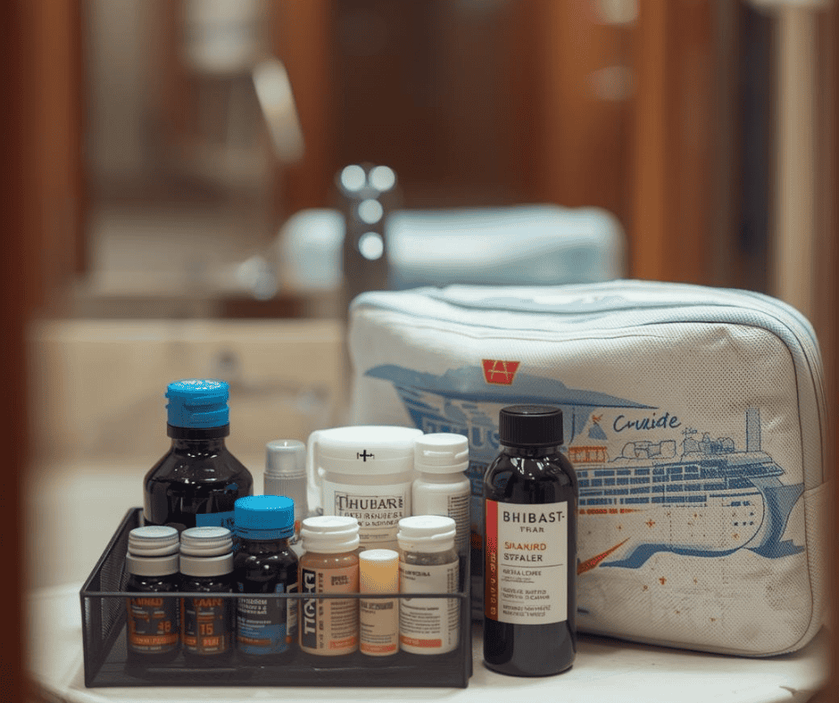 Small travel-size first aid and toiletry kit with miniature bottles and medicines for cruise packing.